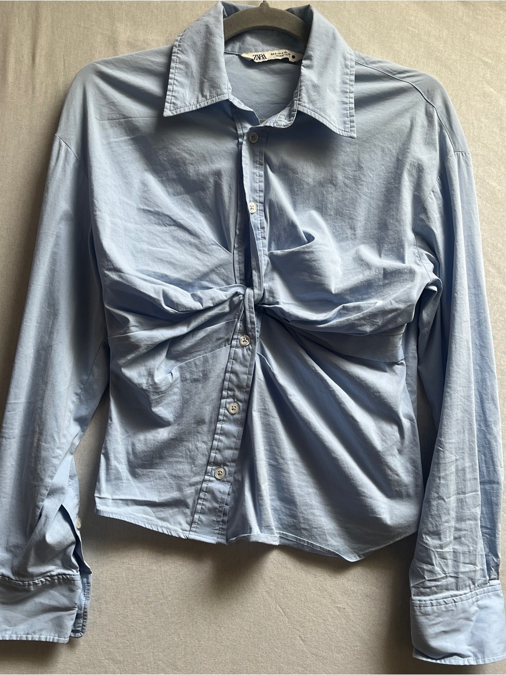 Zara Front Twist Blue Button Down Shirt Long Sleeve Blouse Size Small S